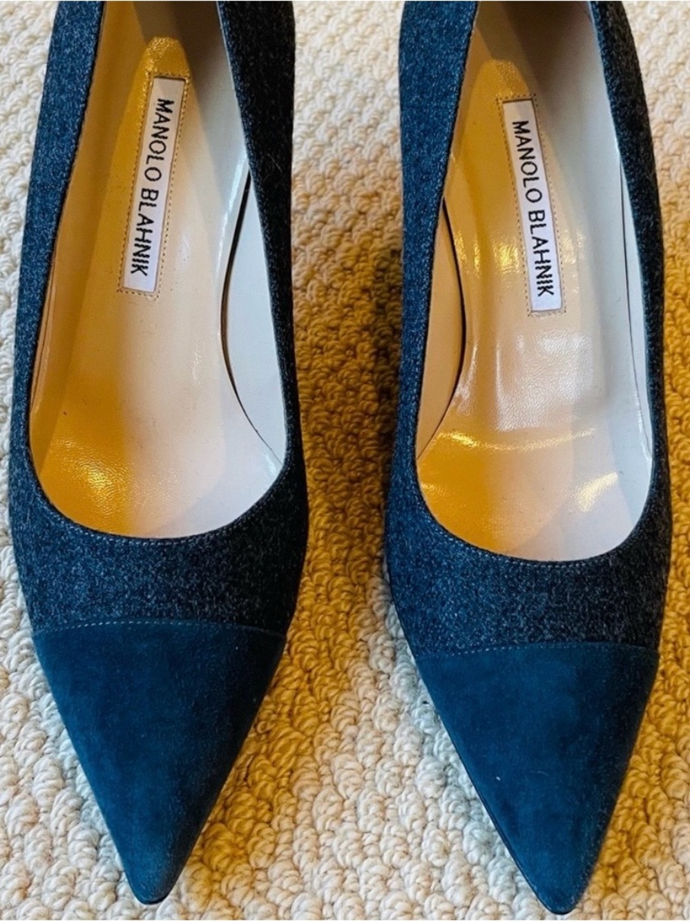 Manolo Blahnik Navy Pointed-Toe Suede & Wool Pumps